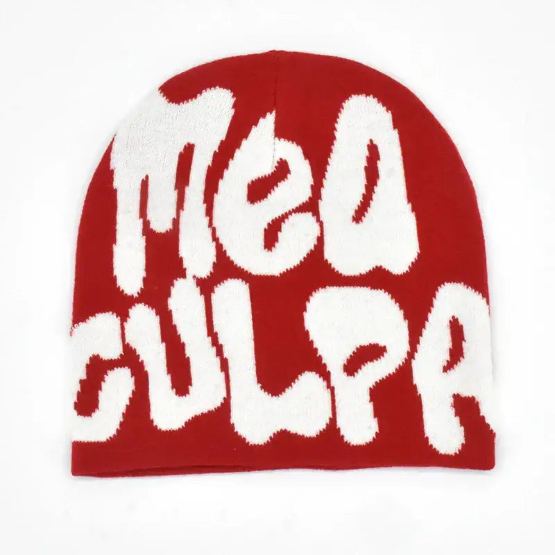 Red knit Mea Culpa Beanie with Med Gulpe in white lettering for stylish warmth