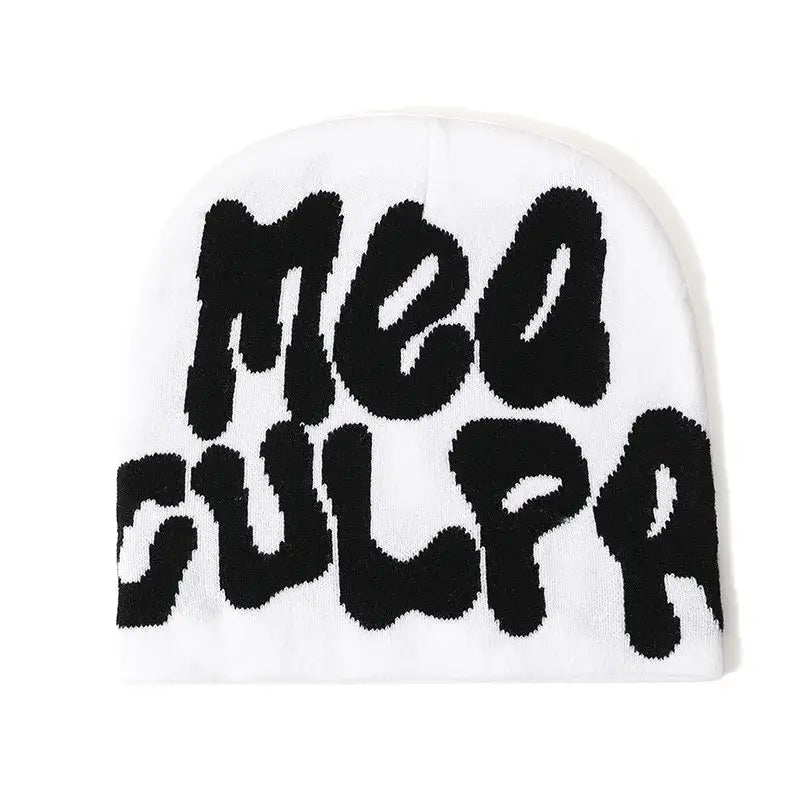 White knit Mea Culpa beanie with large black lettering for trendy winter style