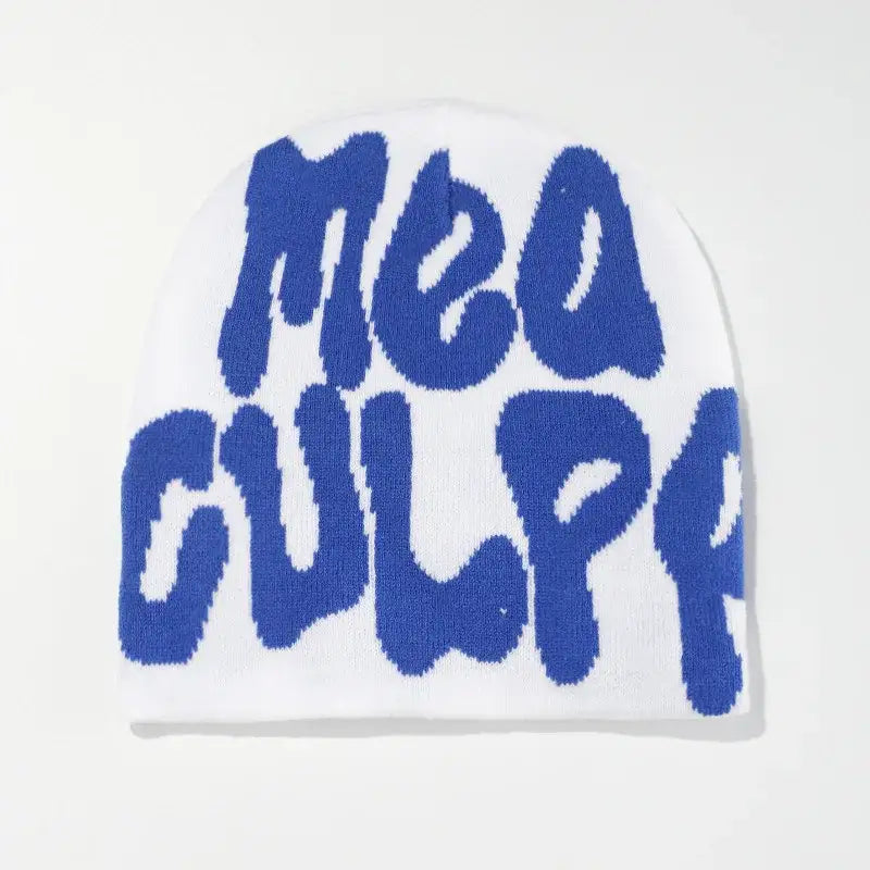 White Mea Culpa Beanie featuring blue text that reads MEO GULP