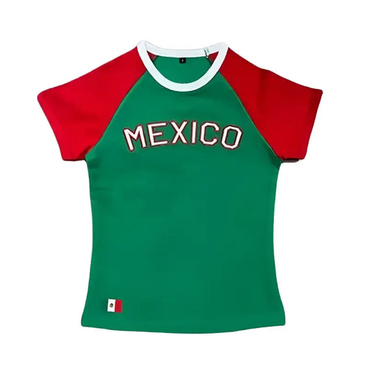 Mexico Baby Tee featuring a green body and red sleeves for young soccer fans