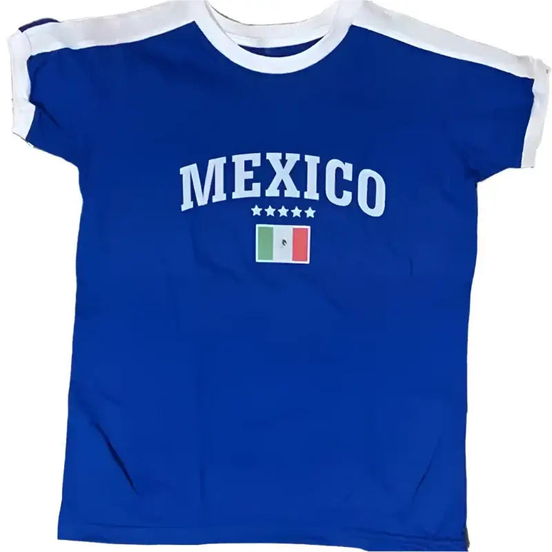 Blue Mexico Crop Top featuring MEXICO text and Mexican flag design, perfect for Y2K style