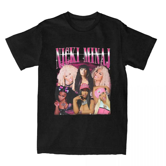 Black Nicki Minaj T-shirt with colorful Y2K graphic design of the artist’s iconic looks