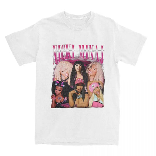 White Nicki Minaj T-shirt with colorful Y2K graphic of female figures and pink text