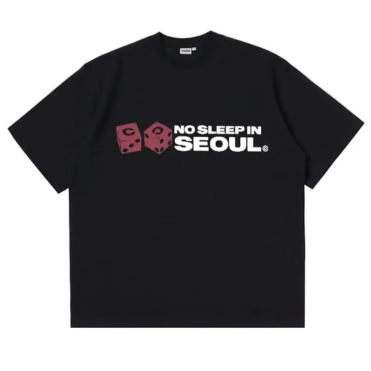 Black No Sleep T Shirt featuring dice graphics, perfect for sleepless nights in Seoul