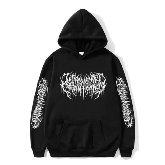 Black Opium Hoodie featuring a white metal band logo, perfect for Y2K clothing men