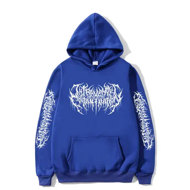 Blue Opium Hoodie featuring white abstract text design, perfect for Y2K clothing men