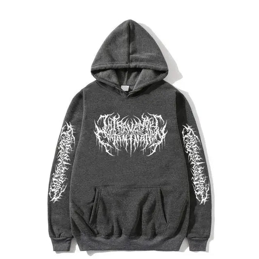 Dark gray Opium Hoodie featuring white metal band logo for Y2K clothing men