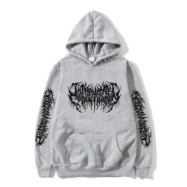 Gray Opium Hoodie featuring black graphic designs for stylish Y2K clothing men