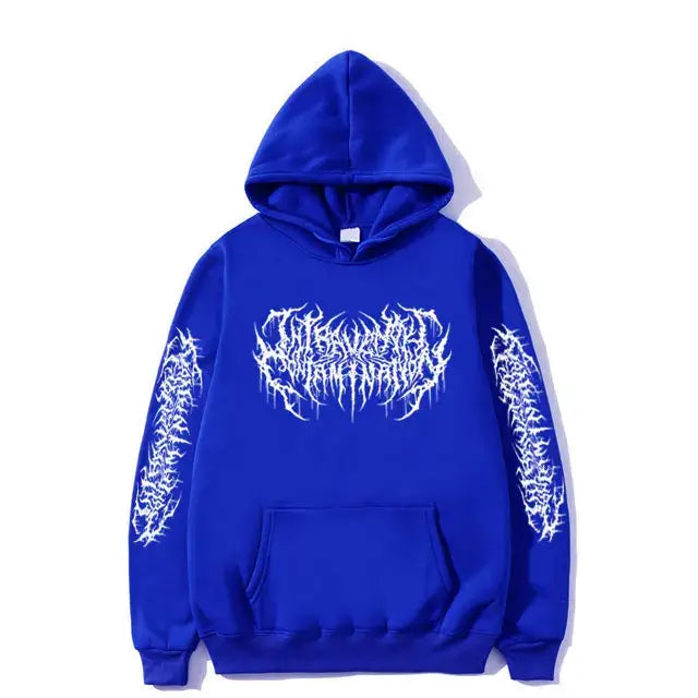 Bright blue Opium Hoodie with white stylized text, perfect for Y2K clothing men