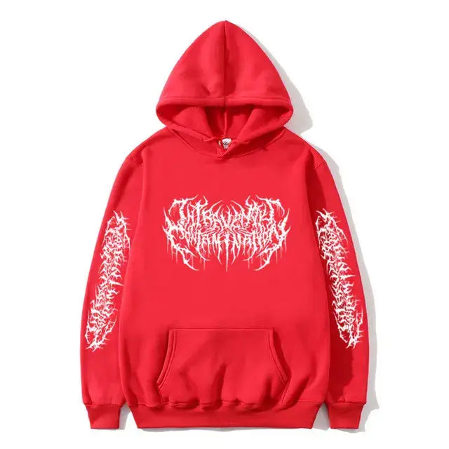 Red Opium Hoodie with white graphic designs for trendy Y2K clothing men