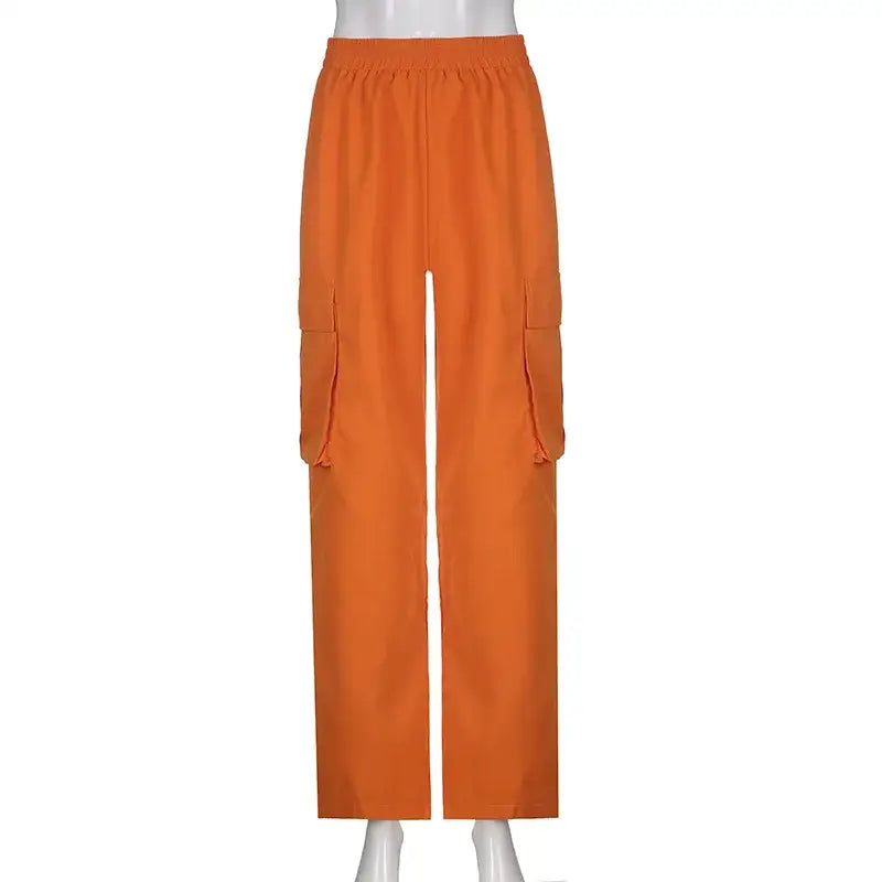 Orange Cargo Pants featuring an elastic waistband and side pockets for style and comfort