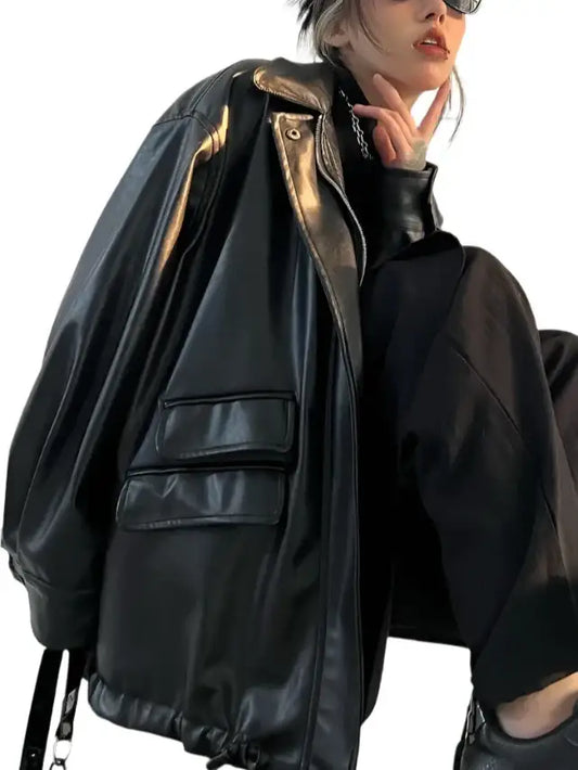 Black leather oversized jacket with multiple pockets and zippers for a stylish look