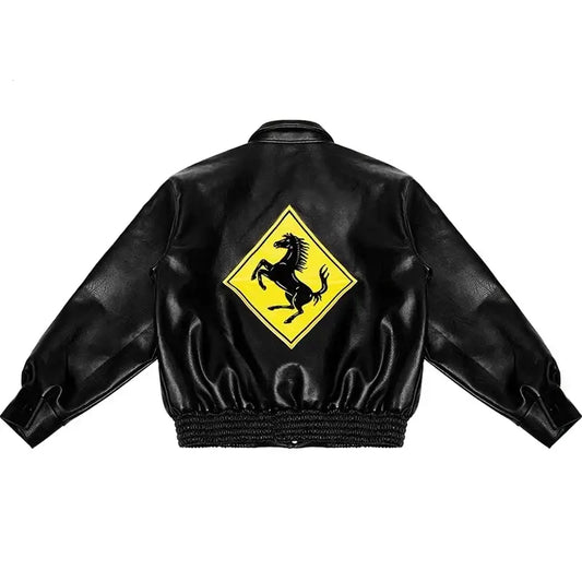 Black leather oversized racing jacket featuring yellow Ferrari logo patch on back