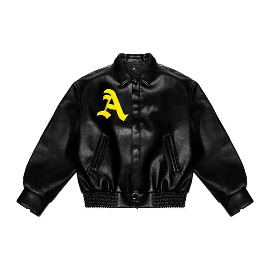 Black leather oversized racing jacket featuring a yellow A logo on the chest