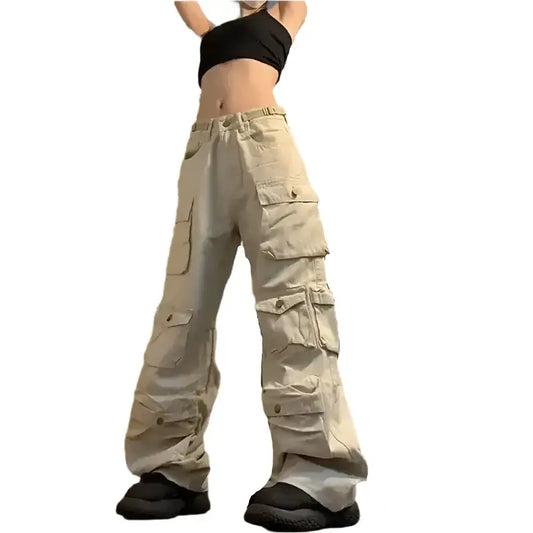 Beige Parachute Cargo Pants with wide-leg silhouette and multiple pockets