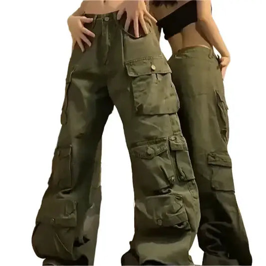 Olive green parachute cargo pants featuring multiple pockets and a wide-leg design