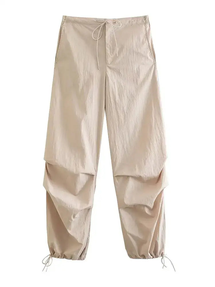 Beige Parachute Pants for women with gathered ankles and loose fit, perfect for Y2K style