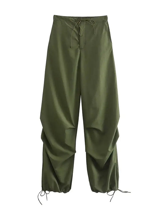 Olive green drawstring parachute pants with gathered ankles for Y2K women’s fashion