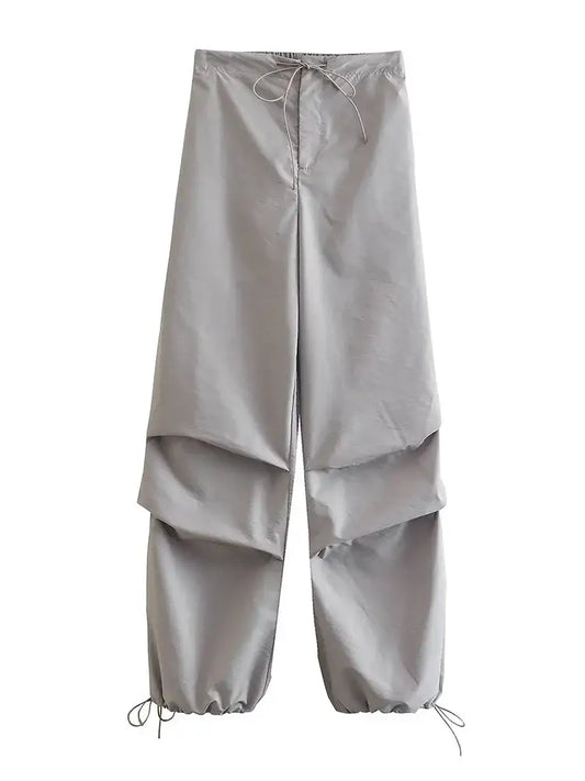 Gray parachute pants with drawstring waist and tiered cuffs for stylish womens Y2K clothing