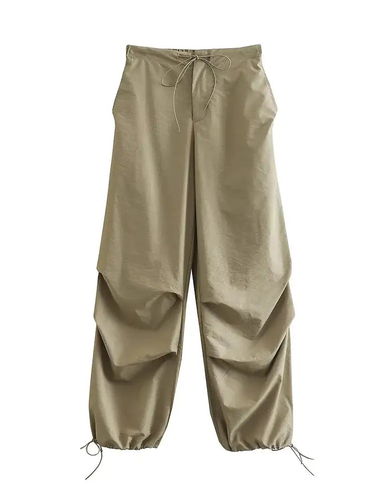 Khaki loose-fitting Parachute Pants with drawstring waist and ankle ties for womens Y2K clothing