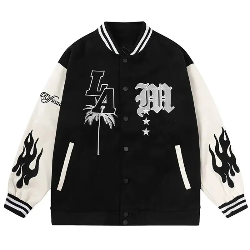 Black and white patch jacket with LA and M lettering and flame designs, Y2K style