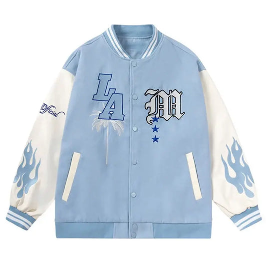 Light blue and white y2k patch jacket with LA, M lettering and flame sleeve designs