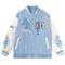 Light blue and white y2k patch jacket with LA, M lettering and flame sleeve designs