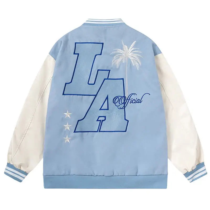 Light blue and white LA patch jacket with palm tree design, perfect for Y2K style