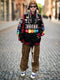 Person in colorful streetwear showcasing a stylish Patch Moto Jacket with logos and patches