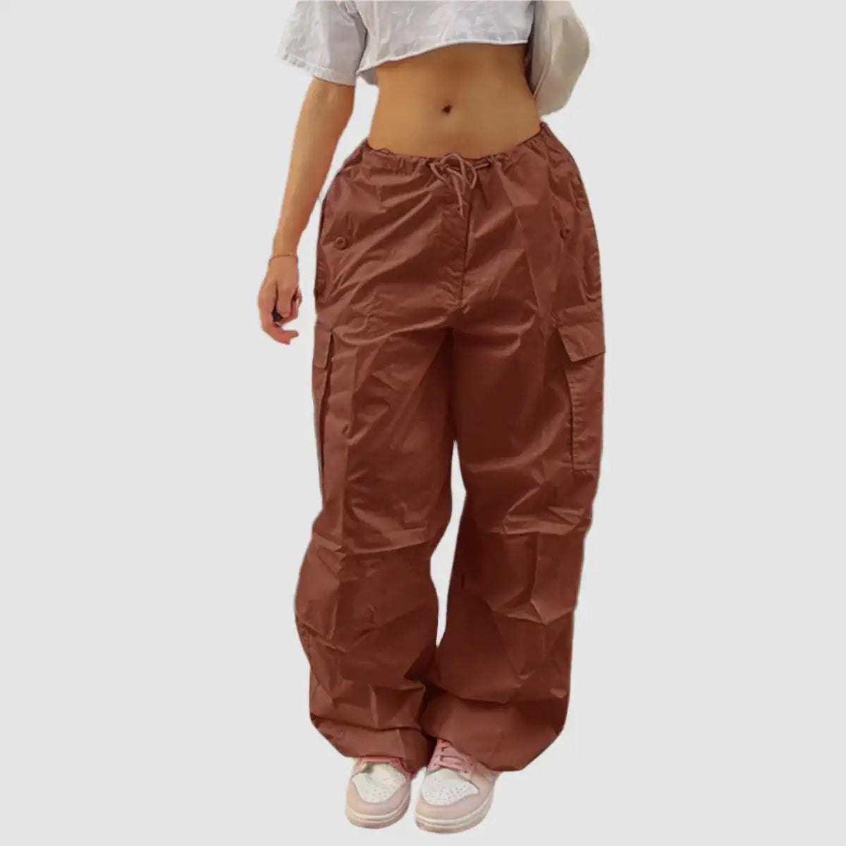 Rust-colored wide-leg cargo pants with drawstring waist for stylish pink cargo outfits