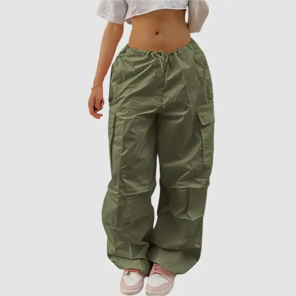 Olive green cargo pants with pockets and drawstring waist for stylish pink cargo outfits