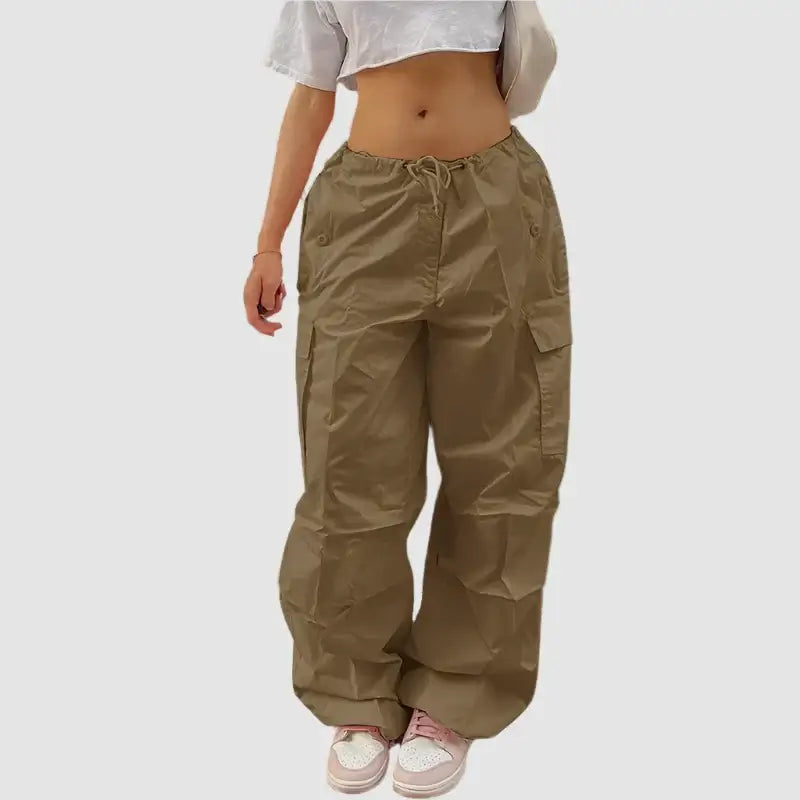 Khaki cargo pants with pockets and drawstring waist in stylish pink cargo pants