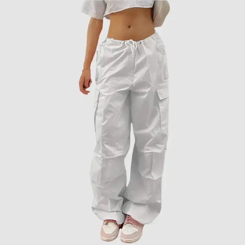 White cargo pants with drawstring waist and side pockets for stylish pink cargo looks