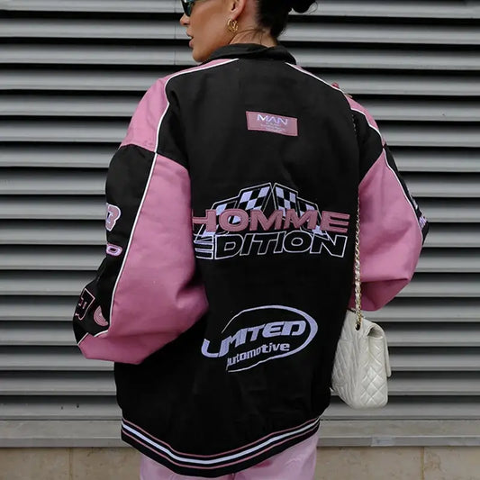 Pink Moto Jacket featuring a stylish black racing design with colorful logos