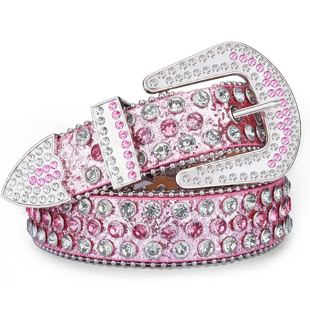 Sparkly pink rhinestone buckle belt with silver accents and decorative buckle