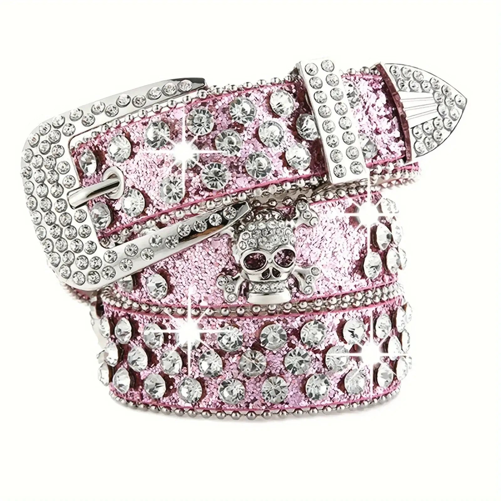 Sparkly pink skull belt featuring rhinestones and a stylish skull motif