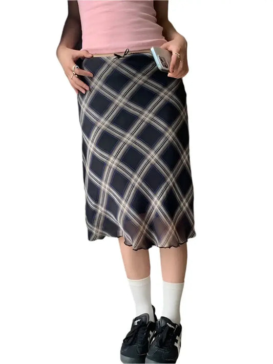 Plaid A Line Skirt with diagonal pattern perfect for Y2K style to turn heads