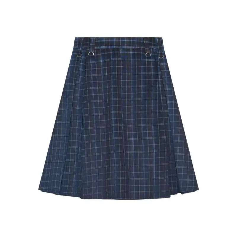 Navy blue plaid midi skirt with pleats and button details at the waist