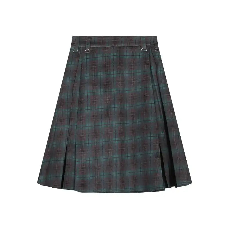 Plaid Midi Skirt featuring a pleated dark green and black tartan pattern