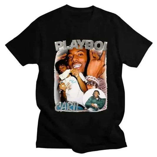 Black Playboi Carti T Shirt featuring collage graphic print and smiling man images