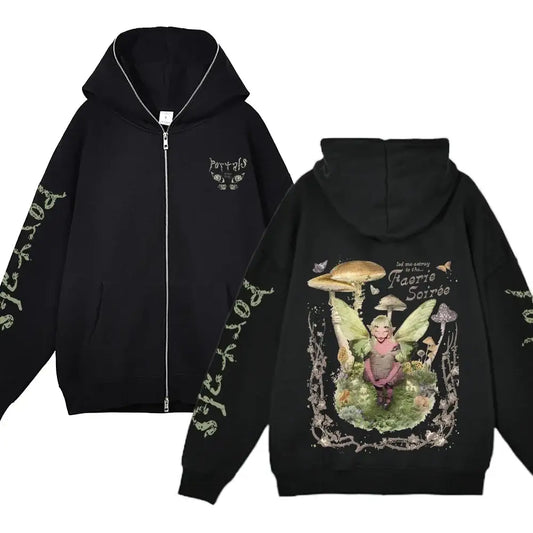 Black zip-up Portal Hoodie featuring cat and fairy designs in Y2K style