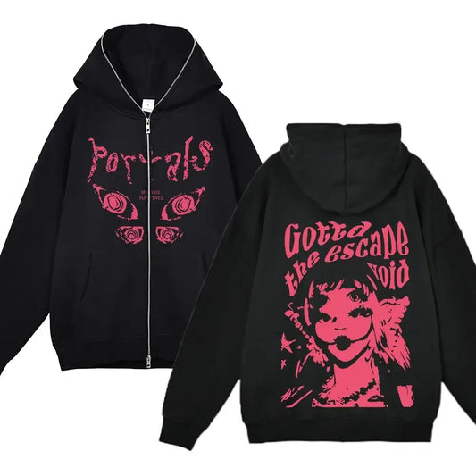 Black Portal Hoodie with pink graphic designs in a trendy zip-up style