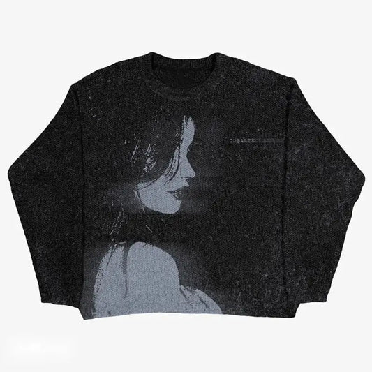 Black Portrait Sweater with grayscale profile of a woman, perfect for Y2K style