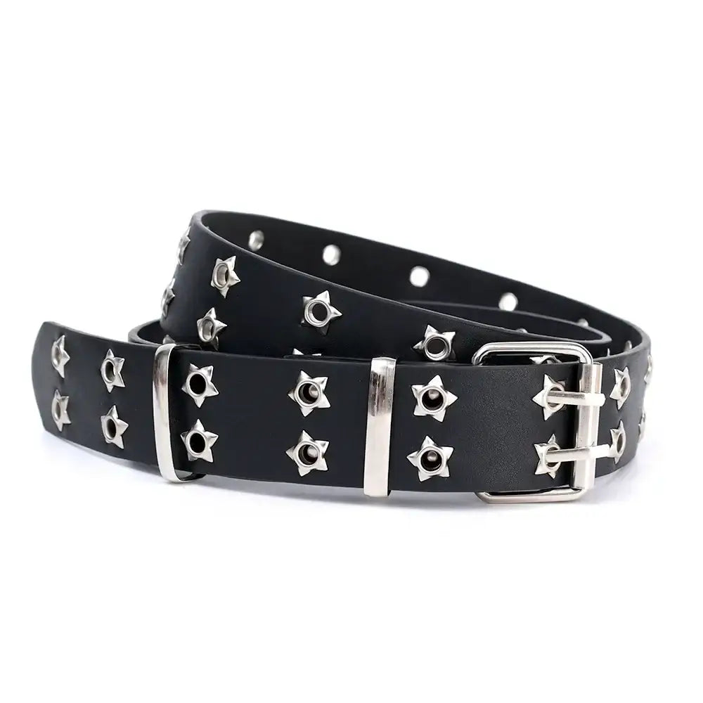 Black leather Punk Belt with silver star-shaped studs and a metal buckle for Y2K style