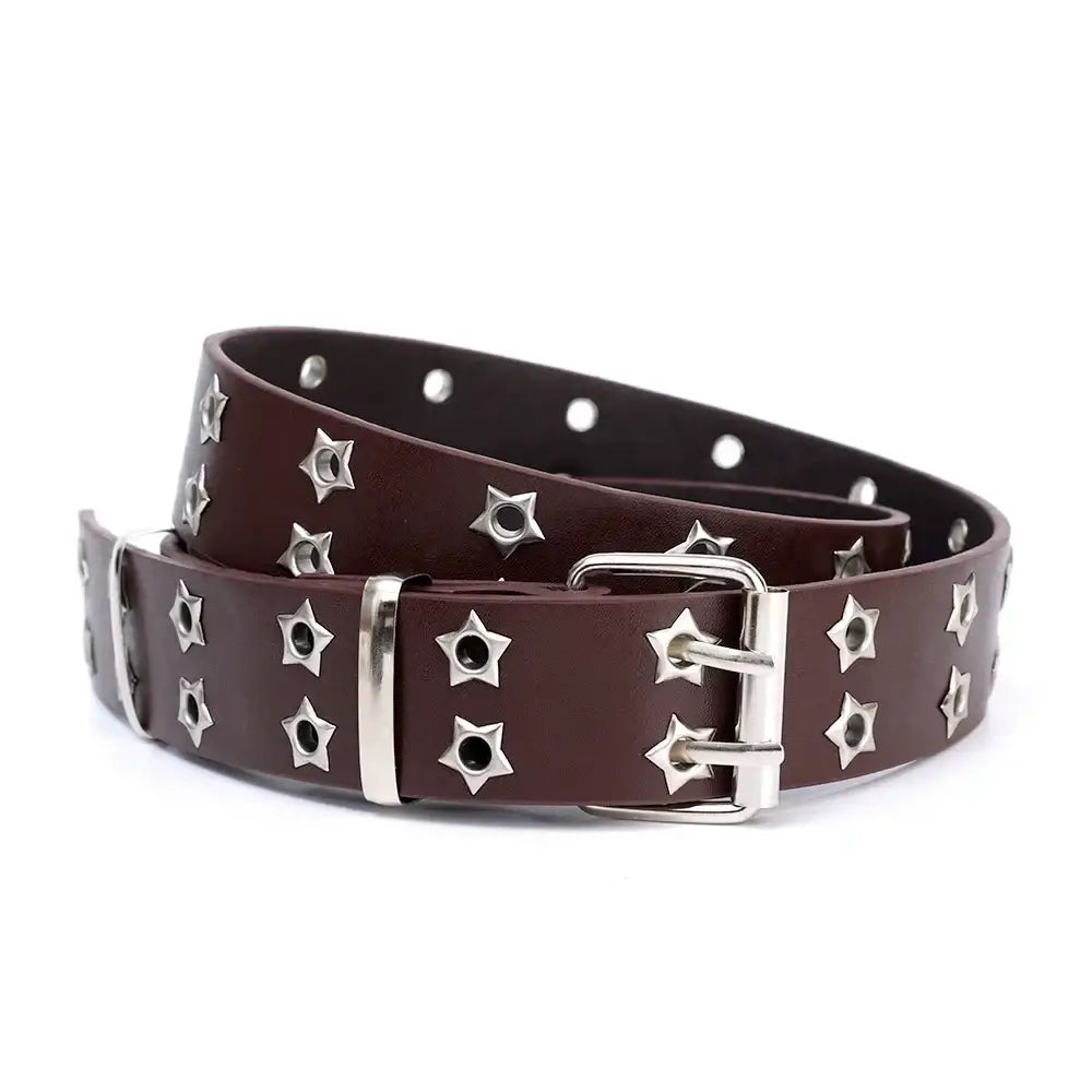 Brown leather Punk Belt featuring silver star studs and a metal buckle for Y2K style