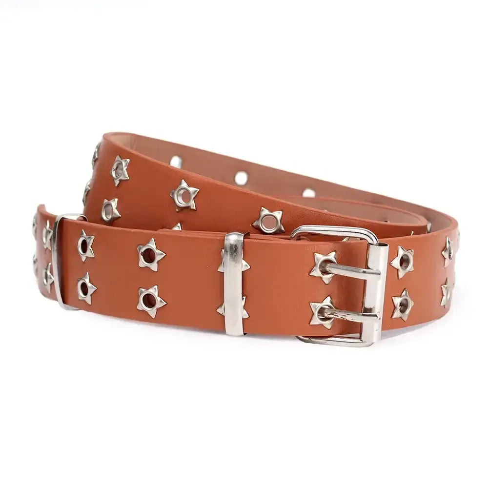 Brown leather punk belt featuring silver star-shaped studs and a metal buckle