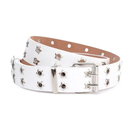 White leather Punk Belt with silver star-shaped studs and metal buckle for a Y2K style