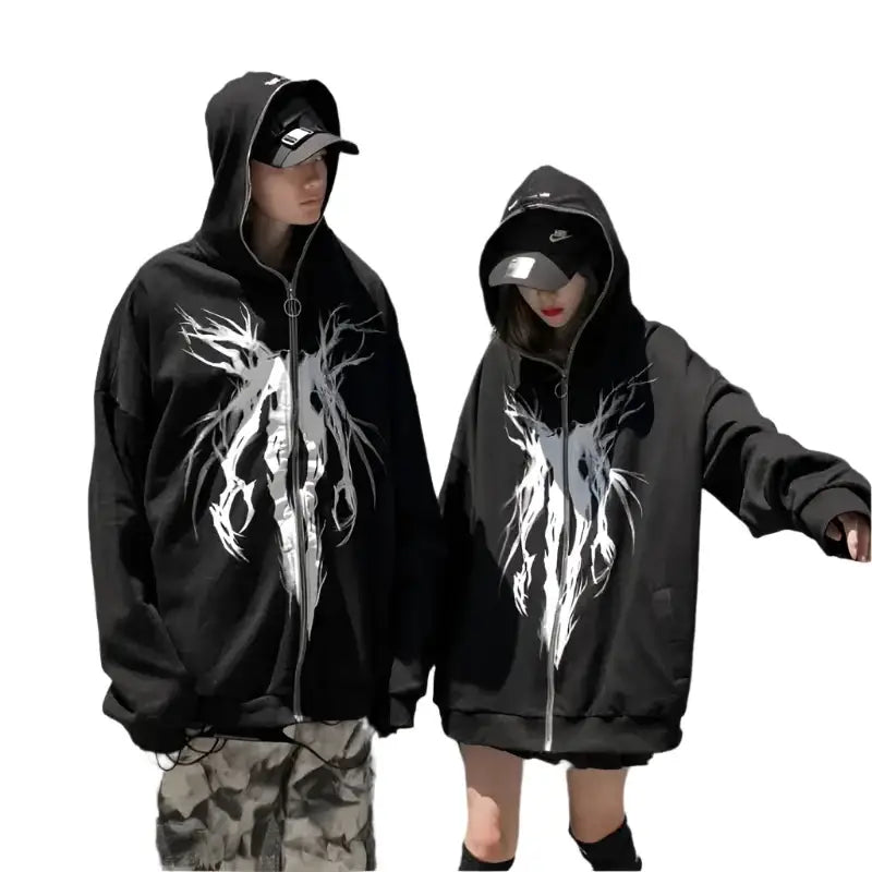 Black hooded Punk Hoodie featuring white abstract designs, perfect for Y2K fashion lovers