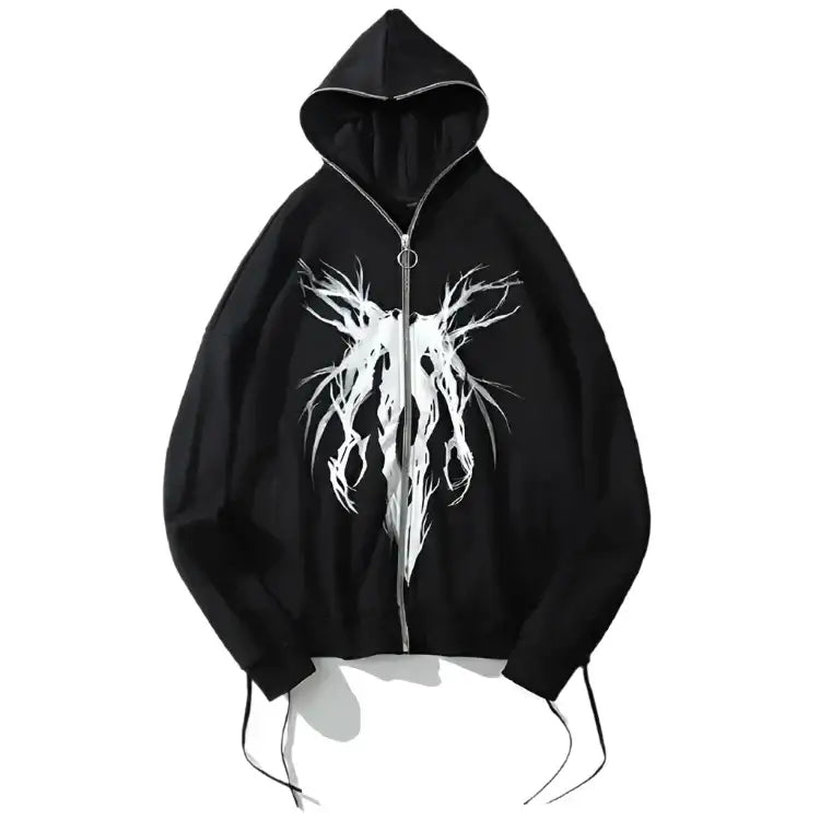 Black zip-up Punk Hoodie featuring a white abstract tree design, perfect for Y2K fashion