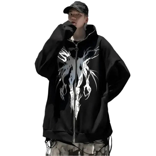 Black Punk Hoodie featuring a white abstract skull design, perfect for Y2K fashion enthusiasts